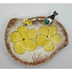 Vintage Ceramic Yellow Flower Daisy Blue Green Bird on perch Fruit Bowl Italian